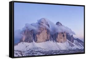 Italy, Trentino-Alto Adige, the Dolomite Peaks Tre Cime Di Lavaredo Wreathed in Cloud-Anne Maenurm-Framed Stretched Canvas