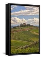 Italy, Tuscany. A view of the vineyards and villa in Chianti region of Tuscany, Italy.-Julie Eggers-Framed Stretched Canvas