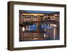 Italy, Tuscany, Florence, Ponte Vecchio reflected in Arno River at dusk.-Merrill Images-Framed Photographic Print