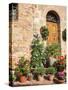 Italy, Tuscany. Flowers by House in the Medieval Town Monticchiello-Julie Eggers-Stretched Canvas