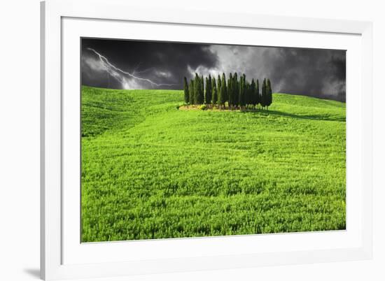 Italy, Tuscany. Lightning behind cypress trees on hill-Jaynes Gallery-Framed Premium Photographic Print
