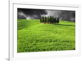 Italy, Tuscany. Lightning behind cypress trees on hill-Jaynes Gallery-Framed Premium Photographic Print