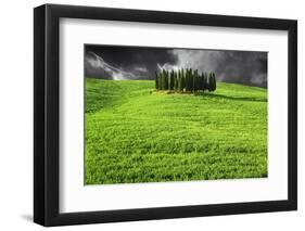 Italy, Tuscany. Lightning behind cypress trees on hill-Jaynes Gallery-Framed Photographic Print
