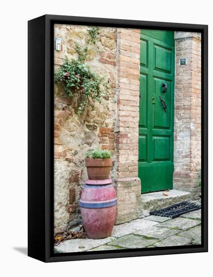 Italy, Tuscany, Monticchiello. Bright Green Door-Julie Eggers-Framed Stretched Canvas