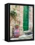 Italy, Tuscany, Monticchiello. Bright Green Door-Julie Eggers-Framed Stretched Canvas