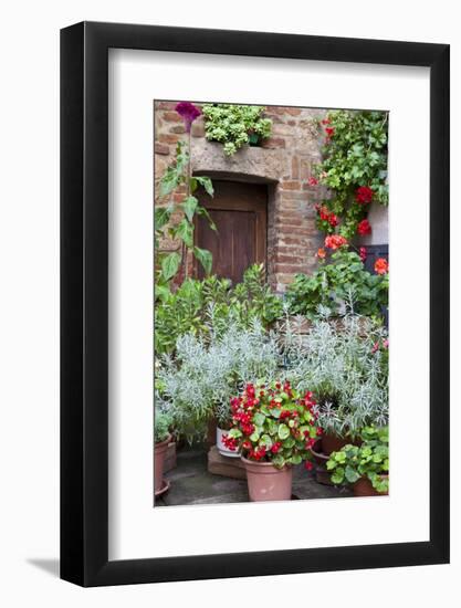 Italy, Tuscany, Pienza. Potted plants in the corner of a street in the town of Pienza.-Julie Eggers-Framed Photographic Print