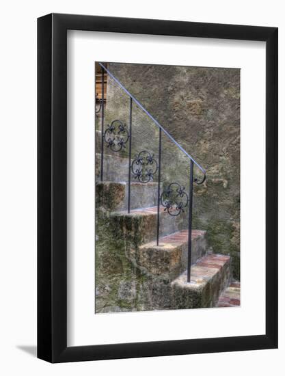 Italy, Tuscany, Pienza. Steps with wrought iron railing leading to the entrance to a home-Julie Eggers-Framed Photographic Print