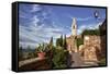 Italy, Tuscany, Pienza. The bell tower of the Duomo Santa Maria Assunta Cathedral.-Julie Eggers-Framed Stretched Canvas