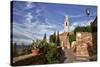 Italy, Tuscany, Pienza. The bell tower of the Duomo Santa Maria Assunta Cathedral.-Julie Eggers-Stretched Canvas