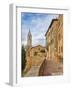 Italy, Tuscany, Pienza. Walkway leading to the bell tower of the Pienza cathedral.-Julie Eggers-Framed Photographic Print