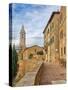 Italy, Tuscany, Pienza. Walkway leading to the bell tower of the Pienza cathedral.-Julie Eggers-Stretched Canvas