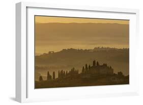 Italy, Tuscany, San Gimignano, farmhouses on ridges with fog at dawn.-Merrill Images-Framed Photographic Print