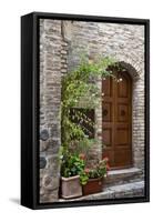 Italy, Tuscany, San Gimignano. Homes decorated with flower pots along the streets of San Gimignano.-Julie Eggers-Framed Stretched Canvas