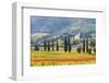 Italy, Tuscany. Vineyard and Olive Trees with the Abbey of Sant Antimo-Julie Eggers-Framed Photographic Print