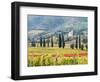 Italy, Tuscany. Vineyard and Olive Trees with the Abbey of Sant Antimo-Julie Eggers-Framed Photographic Print