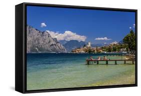 Italy, Veneto, Lake Garda, Malcesine, Townscape with Scaliger Castle-Udo Siebig-Framed Stretched Canvas