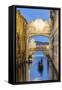 Italy, Veneto, Venice. Bridge of Sighs Illuminated at Dusk with Gondolas-Matteo Colombo-Framed Stretched Canvas