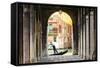 Italy, Veneto, Venice. Gondola Passing on Grand Canal Seen from a Colonnade-Matteo Colombo-Framed Stretched Canvas