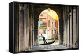 Italy, Veneto, Venice. Gondola Passing on Grand Canal Seen from a Colonnade-Matteo Colombo-Framed Stretched Canvas