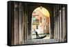 Italy, Veneto, Venice. Gondola Passing on Grand Canal Seen from a Colonnade-Matteo Colombo-Framed Stretched Canvas