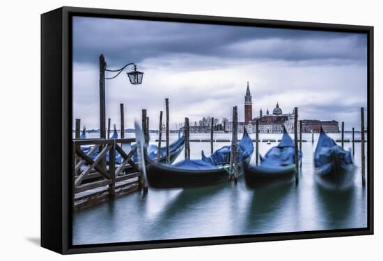 Italy, Veneto, Venice. Gondolas at Dawn with San Giorgio Maggiore Church on the Background.-ClickAlps-Framed Stretched Canvas