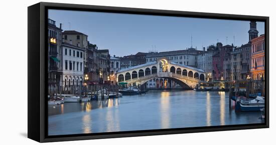 Italy, Veneto, Venice, Grand Canal, Rialto Bridge, Lighting, Evening-Rainer Mirau-Framed Stretched Canvas