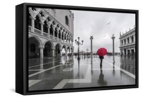 Italy, Veneto, Venice. Woman with Red Umbrella in Front of Doges Palace with Acqua Alta (Mr)-Matteo Colombo-Framed Stretched Canvas