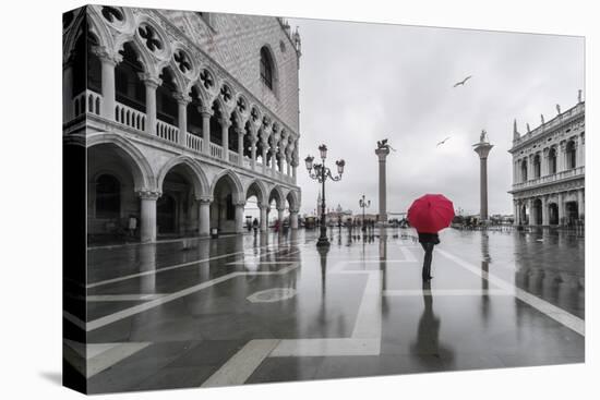 Italy, Veneto, Venice. Woman with Red Umbrella in Front of Doges Palace with Acqua Alta (Mr)-Matteo Colombo-Stretched Canvas