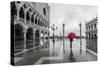 Italy, Veneto, Venice. Woman with Red Umbrella in Front of Doges Palace with Acqua Alta (Mr)-Matteo Colombo-Stretched Canvas