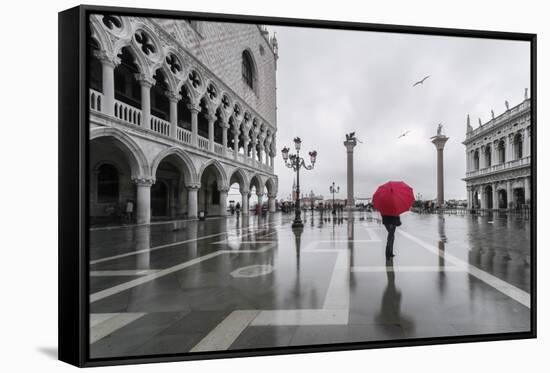 Italy, Veneto, Venice. Woman with Red Umbrella in Front of Doges Palace with Acqua Alta (Mr)-Matteo Colombo-Framed Stretched Canvas