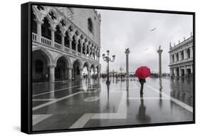 Italy, Veneto, Venice. Woman with Red Umbrella in Front of Doges Palace with Acqua Alta (Mr)-Matteo Colombo-Framed Stretched Canvas