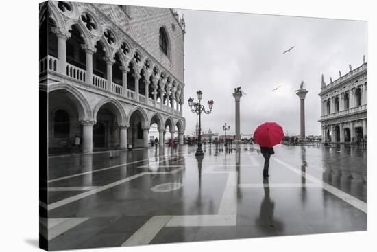 Italy, Veneto, Venice. Woman with Red Umbrella in Front of Doges Palace with Acqua Alta (Mr)-Matteo Colombo-Stretched Canvas