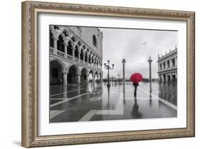 Italy, Veneto, Venice. Woman with Red Umbrella in Front of Doges Palace with Acqua Alta (Mr)-Matteo Colombo-Framed Photographic Print