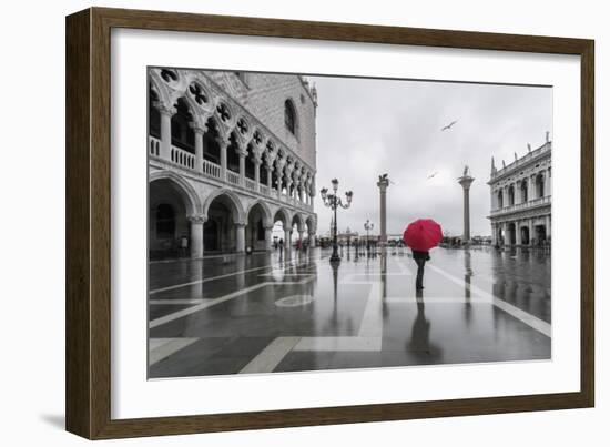 Italy, Veneto, Venice. Woman with Red Umbrella in Front of Doges Palace with Acqua Alta (Mr)-Matteo Colombo-Framed Photographic Print