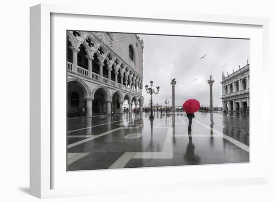 Italy, Veneto, Venice. Woman with Red Umbrella in Front of Doges Palace with Acqua Alta (Mr)-Matteo Colombo-Framed Photographic Print