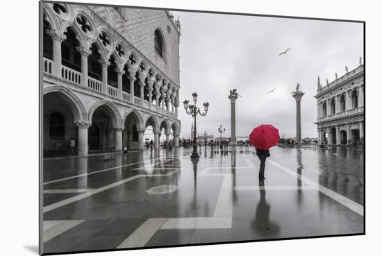 Italy, Veneto, Venice. Woman with Red Umbrella in Front of Doges Palace with Acqua Alta (Mr)-Matteo Colombo-Mounted Photographic Print