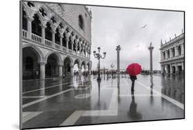 Italy, Veneto, Venice. Woman with Red Umbrella in Front of Doges Palace with Acqua Alta (Mr)-Matteo Colombo-Mounted Photographic Print
