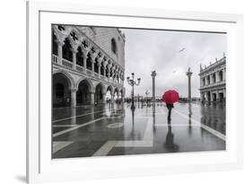 Italy, Veneto, Venice. Woman with Red Umbrella in Front of Doges Palace with Acqua Alta (Mr)-Matteo Colombo-Framed Photographic Print