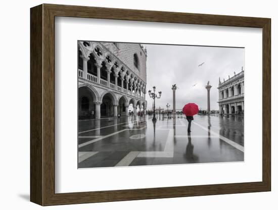 Italy, Veneto, Venice. Woman with Red Umbrella in Front of Doges Palace with Acqua Alta (Mr)-Matteo Colombo-Framed Photographic Print