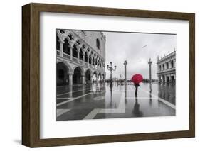 Italy, Veneto, Venice. Woman with Red Umbrella in Front of Doges Palace with Acqua Alta (Mr)-Matteo Colombo-Framed Photographic Print