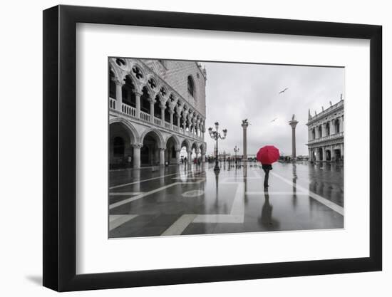 Italy, Veneto, Venice. Woman with Red Umbrella in Front of Doges Palace with Acqua Alta (Mr)-Matteo Colombo-Framed Photographic Print