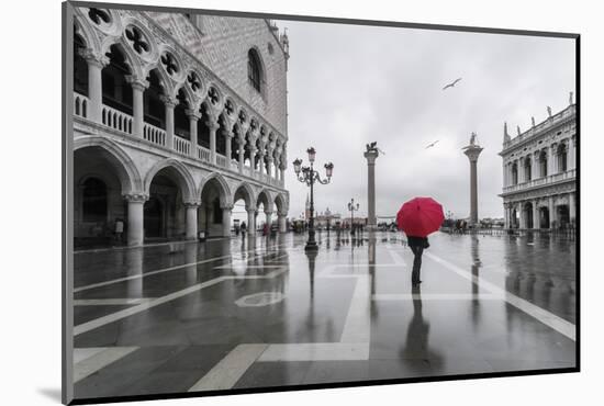 Italy, Veneto, Venice. Woman with Red Umbrella in Front of Doges Palace with Acqua Alta (Mr)-Matteo Colombo-Mounted Photographic Print