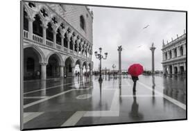 Italy, Veneto, Venice. Woman with Red Umbrella in Front of Doges Palace with Acqua Alta (Mr)-Matteo Colombo-Mounted Photographic Print