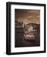 Italy, Vernazza. Infrared image of a boat in the harbor of Vernazza with the church in background.-Terry Eggers-Framed Photographic Print