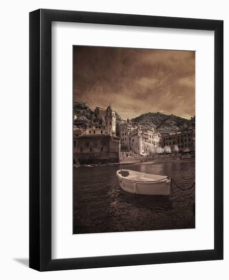 Italy, Vernazza. Infrared image of a boat in the harbor of Vernazza with the church in background.-Terry Eggers-Framed Photographic Print