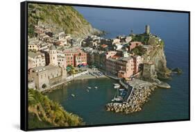 Italy, Vernazza. Overview of town and ocean-Jaynes Gallery-Framed Stretched Canvas