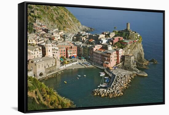 Italy, Vernazza. Overview of town and ocean-Jaynes Gallery-Framed Stretched Canvas