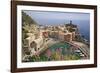 Italy, Vernazza. Overview of town and ocean.-Jaynes Gallery-Framed Photographic Print