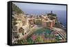 Italy, Vernazza. Overview of town and ocean.-Jaynes Gallery-Framed Stretched Canvas