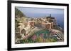 Italy, Vernazza. Overview of town and ocean.-Jaynes Gallery-Framed Premium Photographic Print